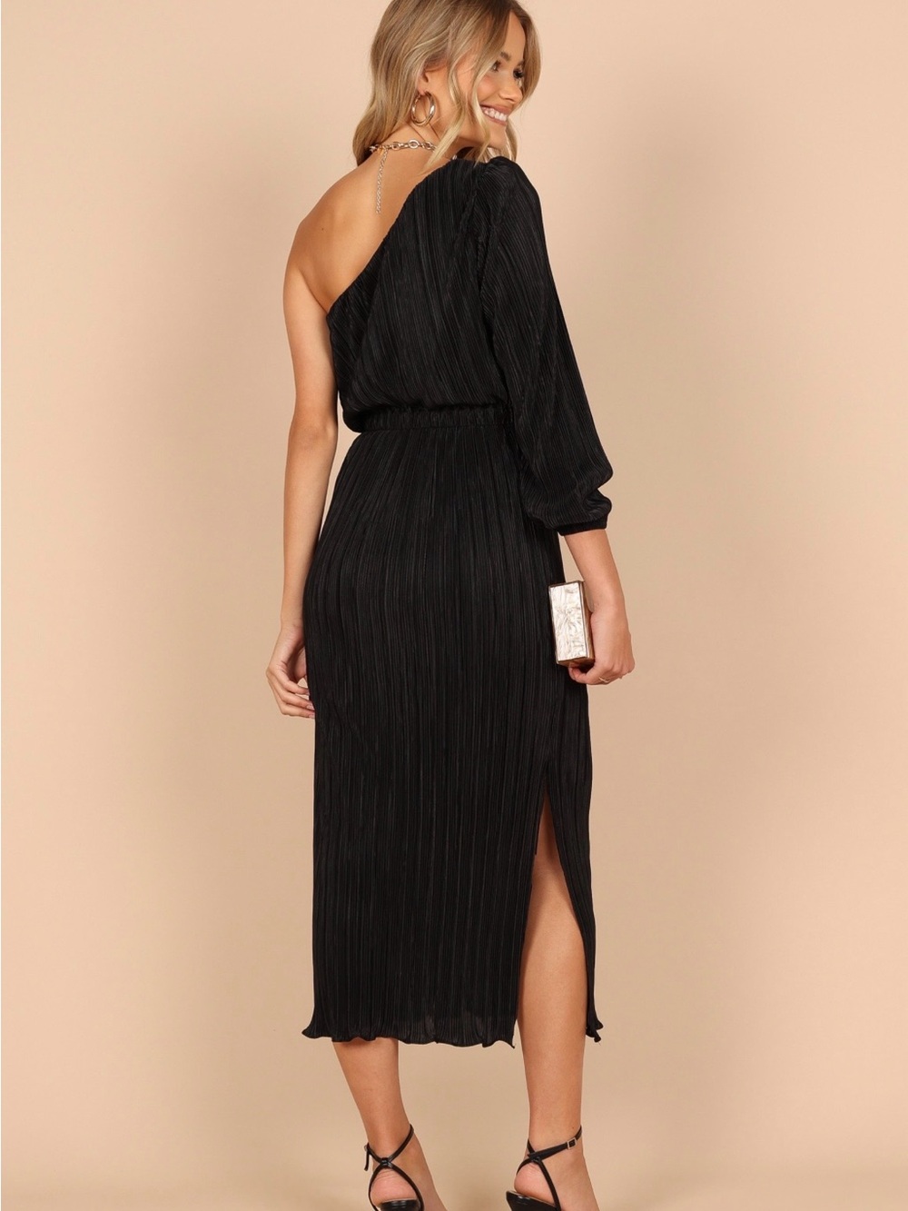 Petal and Pup One-Shoulder Black Pleated Midi Dress - Picture 4 of 10
